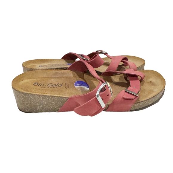 Bio Gold Italy Pink Leather Cross Strap Cork Sandals Women 8.5 - Picture 2 of 6